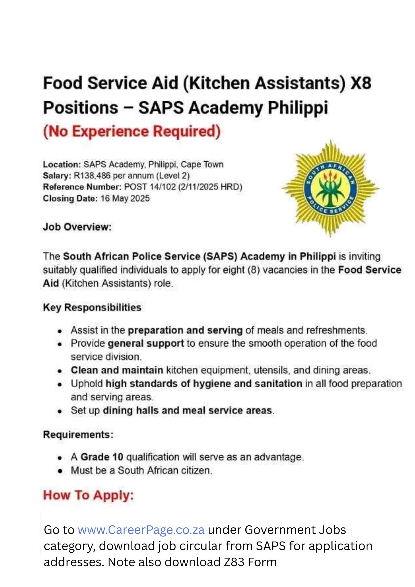 SAPS Food Service Aid Vacancies