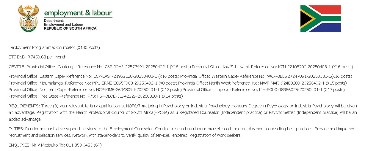 Department of Labour Counsillors 130 Posts