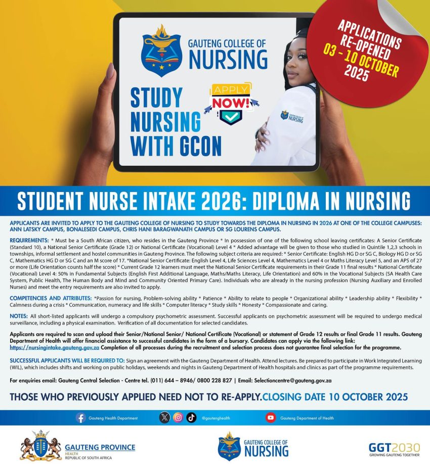 Gauteng College of Nursing 2026 Intake