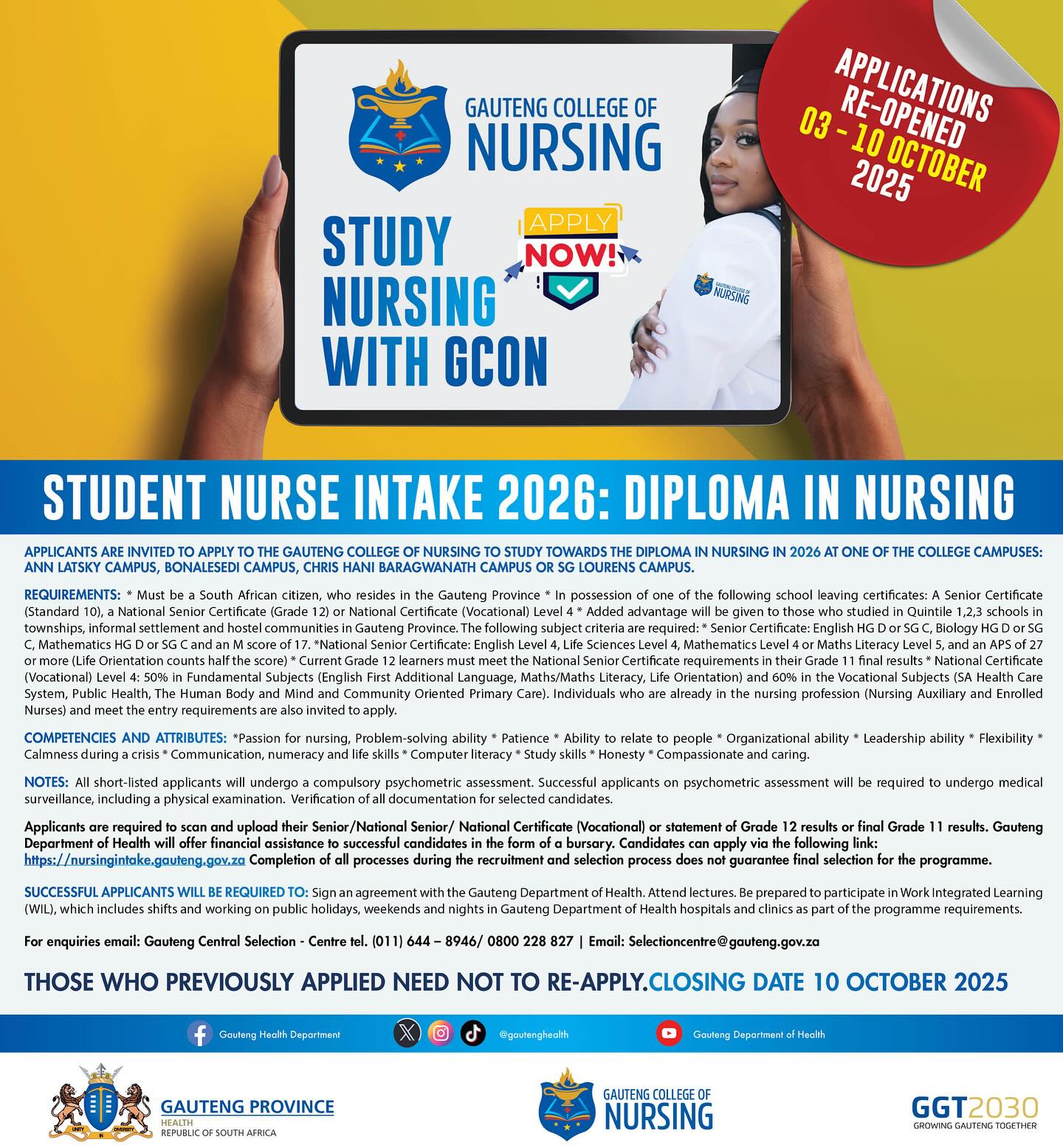 Gauteng Nursing College Online Application for 2026 Closing Date Extended Gauteng College of Nursing 2026 Intake